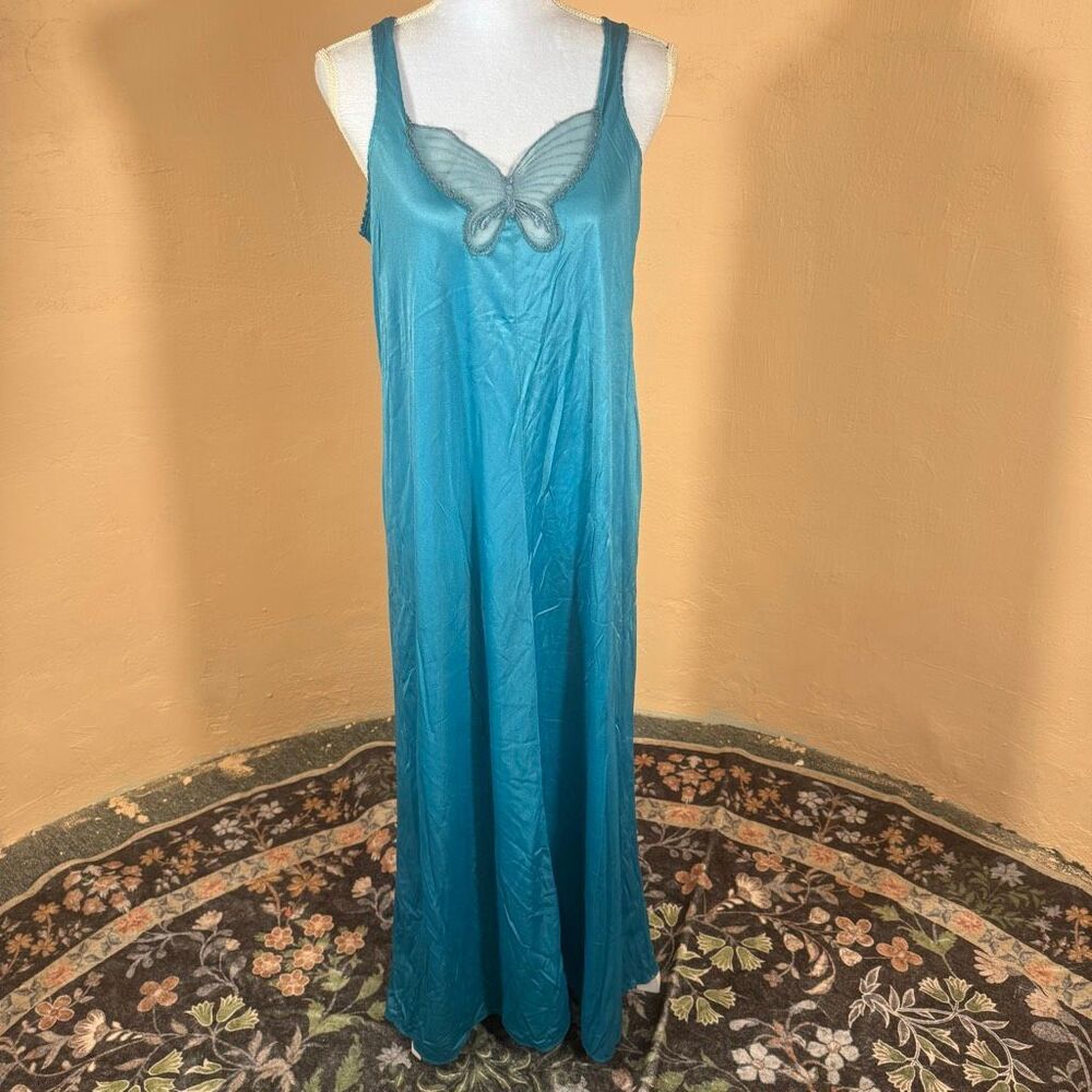 Vintage Teal Satin Maxi Nightgown | Butterfly Lace Appliqué | Floor Length | Est